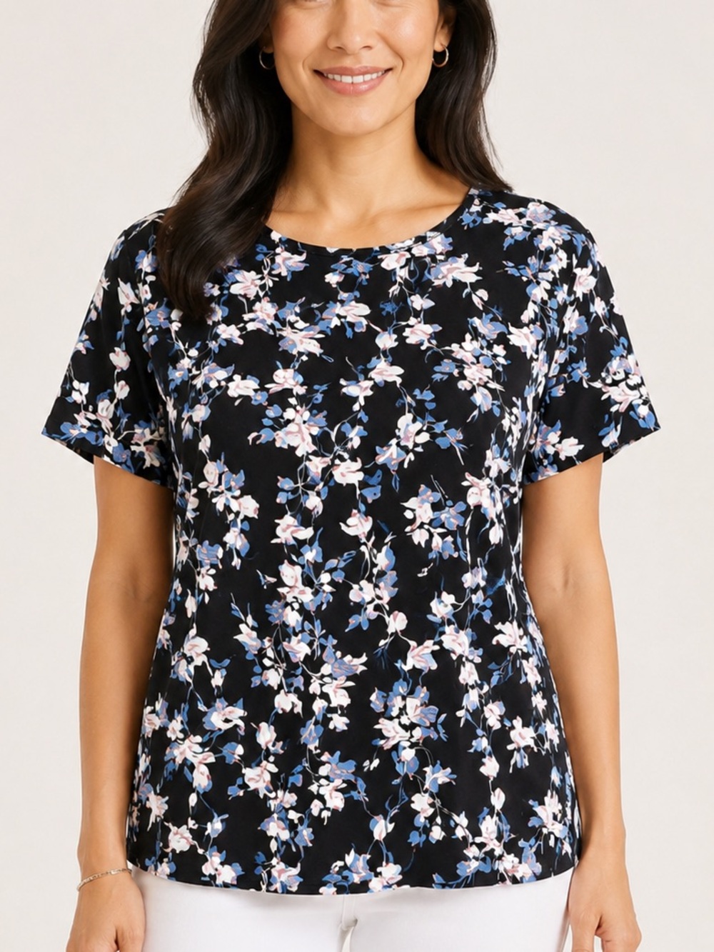 J. Jill Wearever Collection Floral Top Large Black Blue Pink Cottagecore Boho